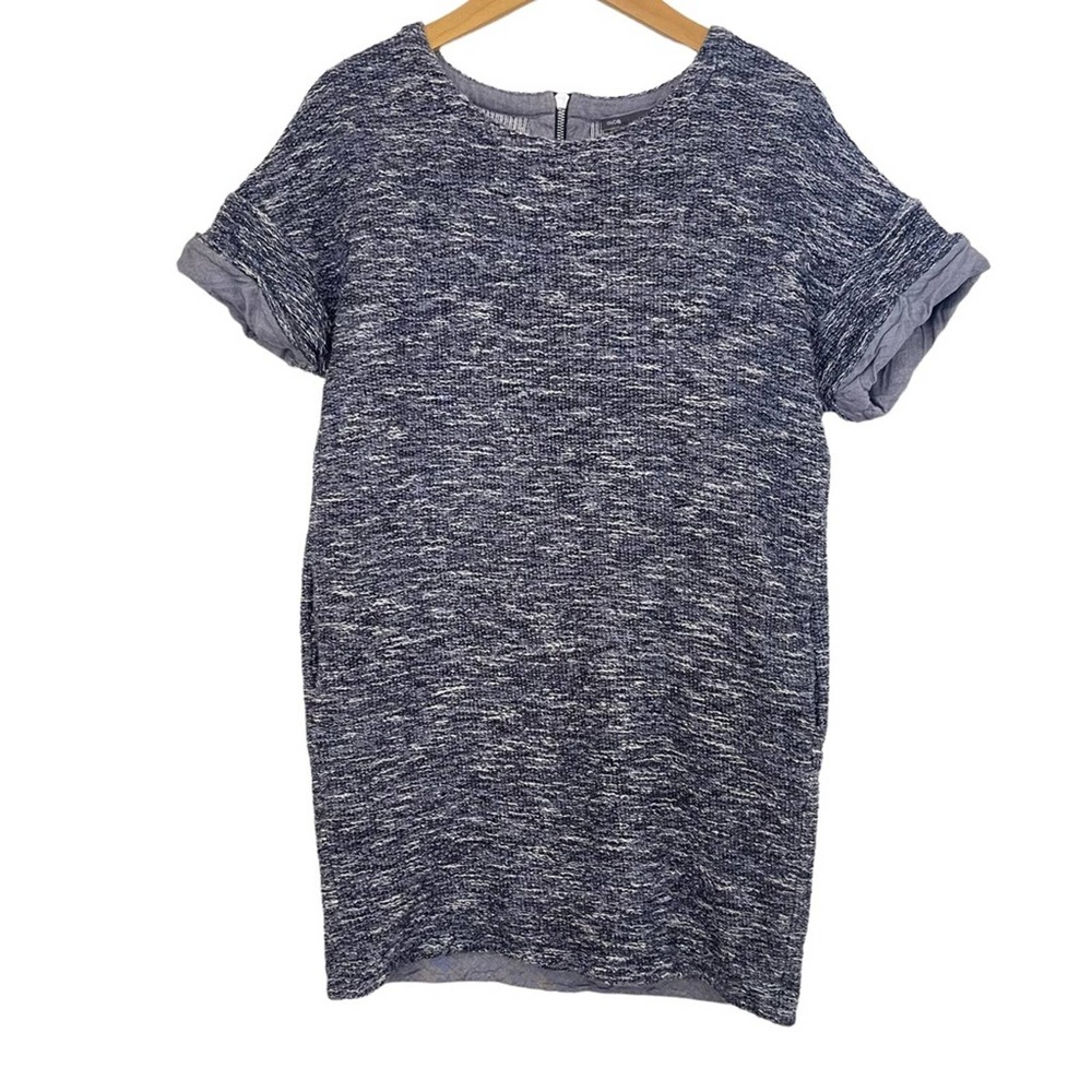 Vince Marled Tweed Knit Rolle Cuff Short Sleeve Blue Shift Dress Size Small
